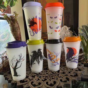 Starbucks 2022 Halloween Glow in the Dark Reusable Hot Cups set of 6 w/lids NWT